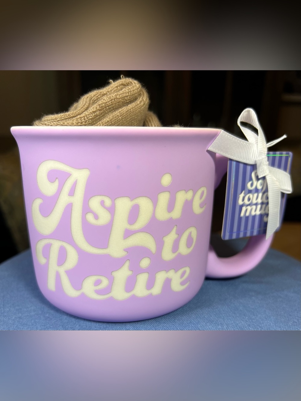 Sunday Morning Ceramics Aspire to Retire Lavender Mug with Cream Lettering